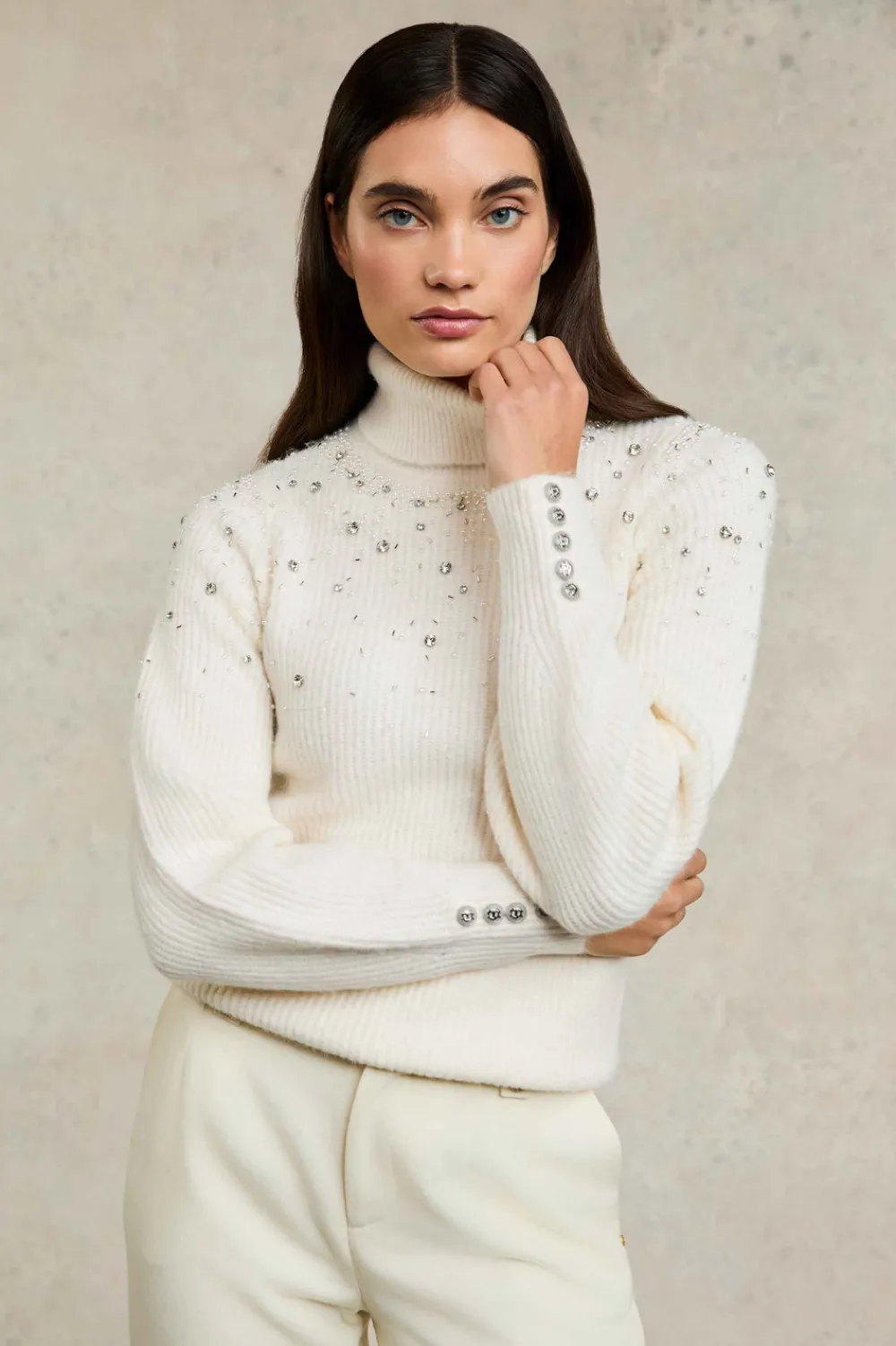 Women Holland Cooper Knitwear>Kelsie Rib Embellished Roll Neck